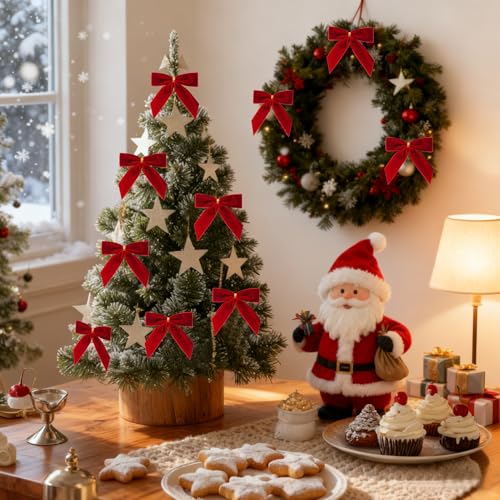 24 Pcs Red Small Velvet Bows for Christmas Tree, 3.54 Inch Mini Christmas Bows for Gift Wrapping, Twist Tie Velvet Bows Xmas Ornaments for Wreath, Crafts, Party, Wedding