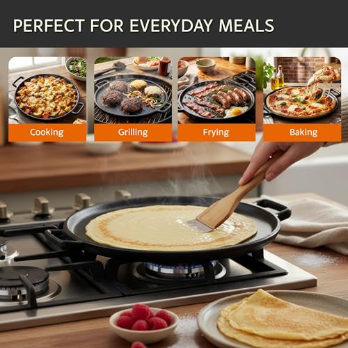 Cast Iron Pizza Pan 14-Inch Even-Heating Cookware for Oven Grill Campfire