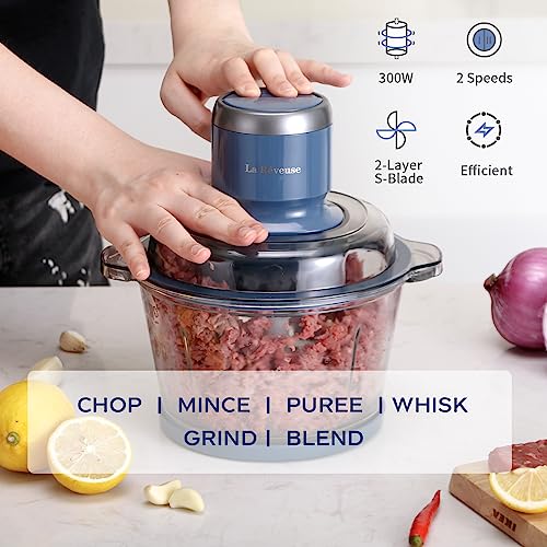 La Reveuse 7-Cup Electric Food Processor with Glass Bowl, Blue - Versatile 300W Kitchen Chopper & Blender