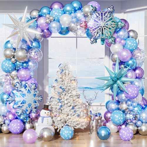 Snowflake Balloon Garland Arch Kit, 144 Pcs Purple Blue Silver White Balloons With Foil Snowflake Star Balloons, for Winter Wonderland, Princess Birthday, Baby Shower, Christmas Decor