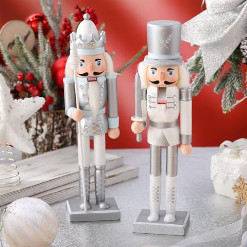 Huwena 2 Pcs Silver King & Soldier Nutcracker Christmas Decor Set