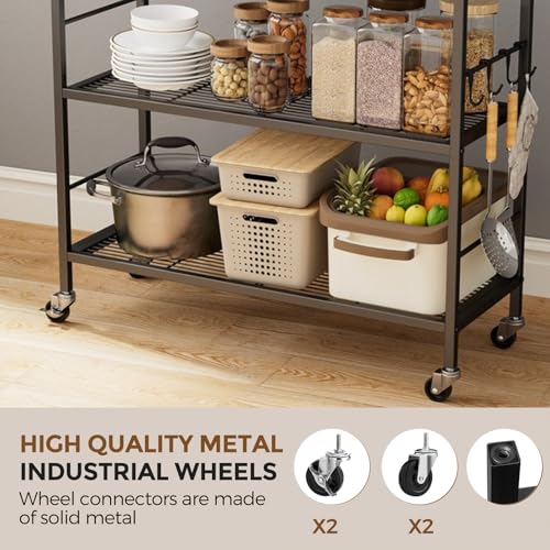 XIVIRACK Brown 3-Tier Metal Storage Rack with Wooden Top & Wheels, Adjustable Shelves, 31.5" Wide