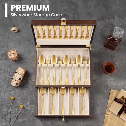 2-Layer Walnut Silverware Storage Box with Drawer and Linen Liner