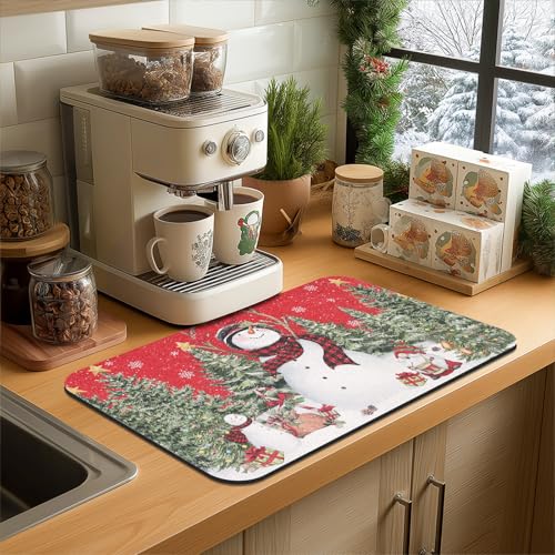 Findosom Red Snowman Christmas Dish Drying Mat 16x24 Inches - Holiday Kitchen Decor