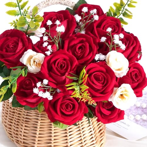 50Pcs Red Artificial Roses Bouquet - Real Touch Velvet Fake Flowers with Bendable Stems
