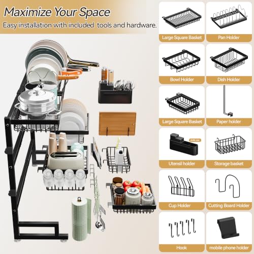 Black Over Sink Dish Drying Rack Expandable 32-40 Inch Kitchen Organizer