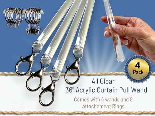 36 Inch Acrylic Curtain Pull Wand Set - Clear Drapery Opener (4 Pack)