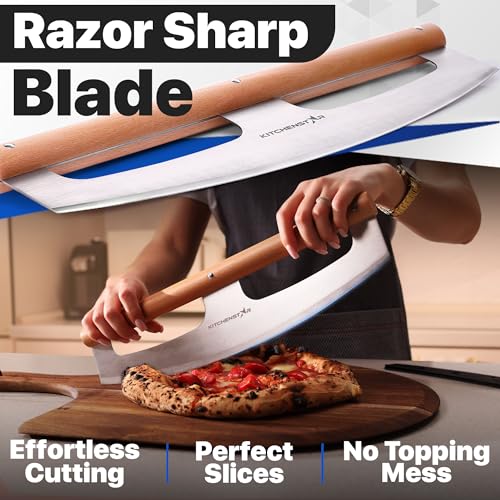 KitchenStar 16-Inch Silver Rocker Pizza Cutter with Beech Wood Handle & Protective Cover