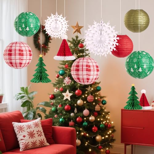 OBBOLO Christmas Hanging Decor Set 12 pcs Red Green White Gold Honeycomb Paper Lanterns Fans
