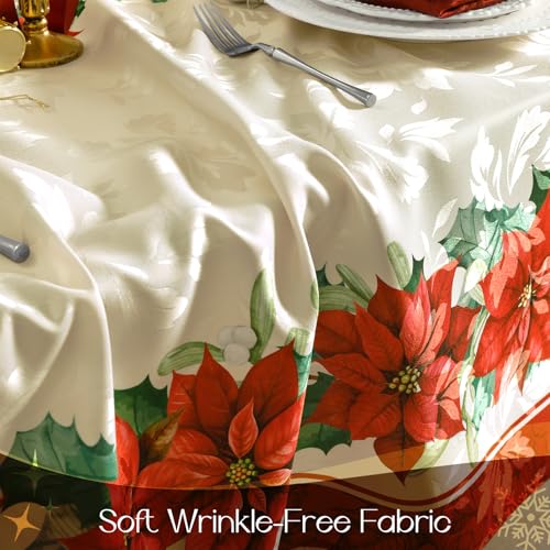 Romanstile Christmas Red Poinsettia Jacquard Rectangle Tablecloth 60x120 Inch Holiday Decor