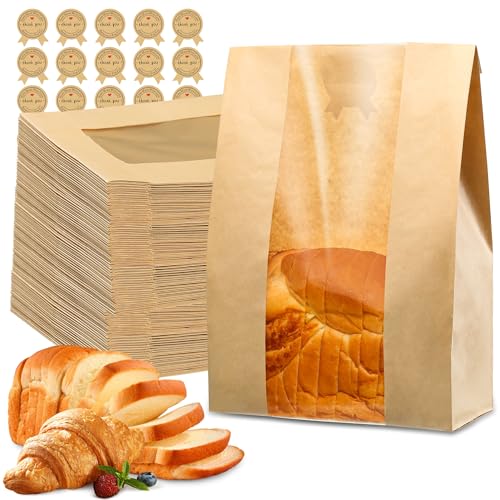 AZLTC 200 Pcs Thickened Sourdough Bread Bags with Window & Labels - Food-Grade Kraft Paper, Leak-Proof & Easy to Display