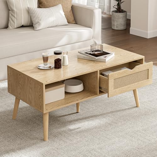 Oak Rattan Coffee Table with Drawer - Boho Natural Finish, ZttRiee
