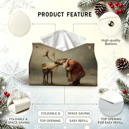 UTELKA Santa Deer Tissue Box Cover Rectangle, Winter Holder 9.8x6x7