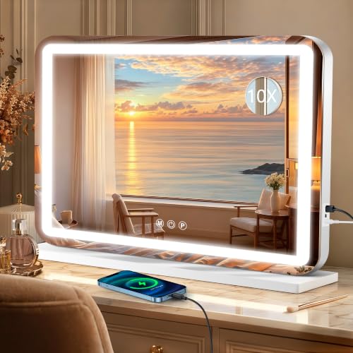 Ratsamee White 23x18 Inch LED Lighted Makeup Vanity Mirror with Dimmable Lights & USB Charging