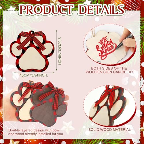 BBTO 12Pcs Dog Paw Ornaments Christmas Tree Wood Decor Red Black Brown
