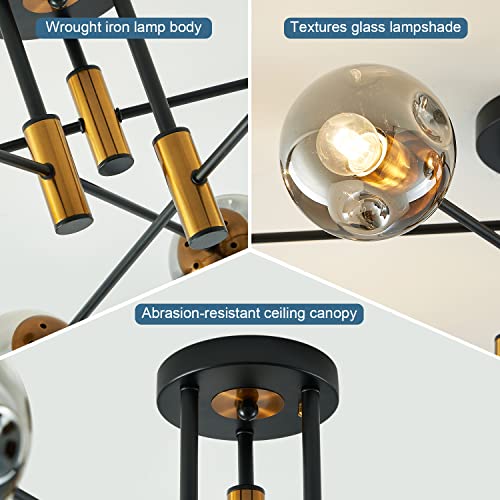 Black and Gold 6-Light Sputnik Ceiling Light Fixture - Mid Century Modern Chandelier