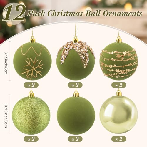 Syhood 12 Pack Olive Green Velvet Christmas Ornaments 3.15 Inch Holiday Decor