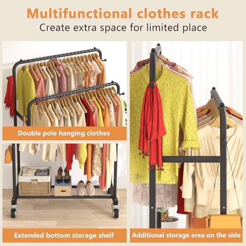 Black Double Rod Garment Rack with Wheels & Hooks, Multi-Functional Clothes Organizer