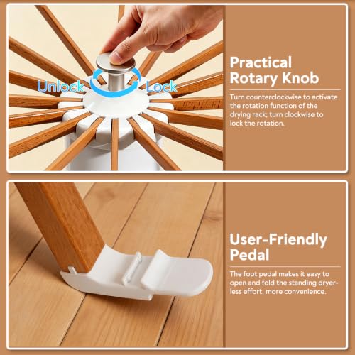 Natural Wood & White Clothes Drying Rack with 16 Arms, Foldable & Heavy-Duty