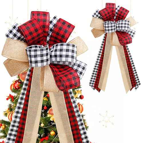 Christmas Bows Tree Topper Red Black White Buffalo Plaid Ornaments Handmade for Wreath Door Burlap Rustic Farmhouse Decoration (Burlap Buffalo Plaid)