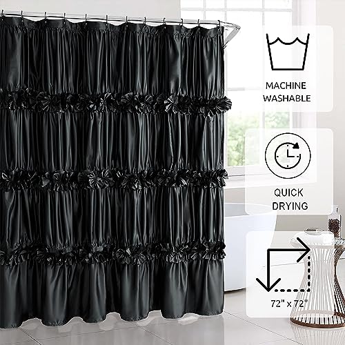 Homechoice Decor Black Handcrafted Bow Tie Shower Curtain 72x72 inches, Elegant Waterfall Ruffle Design