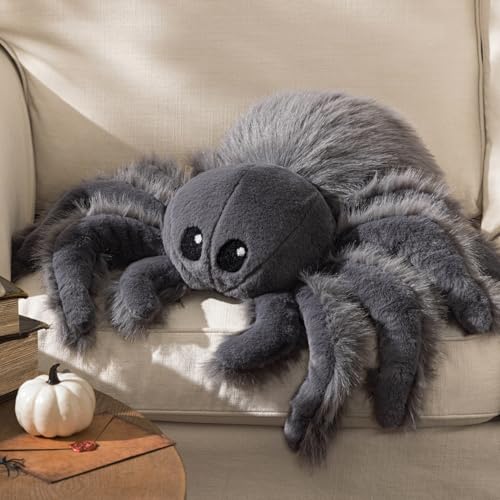 Grey Spider Shaped Throw Pillow - Faux Fur Halloween Decorative Cushion 22x16 in