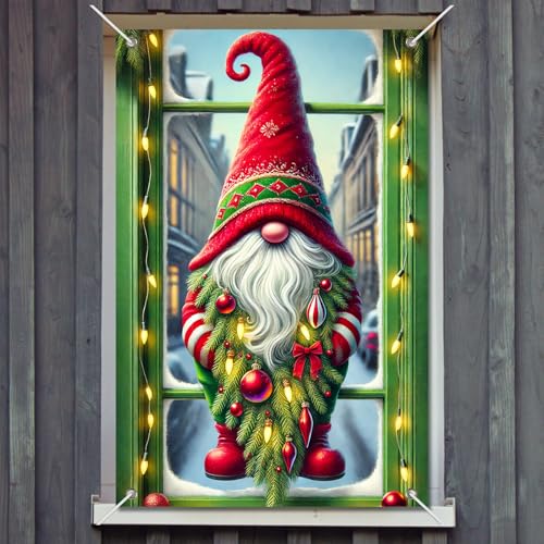 IVN Christmas Gnome Window Banner 31x47 Inch - Santa Hat, Pine Branch Holiday Decor