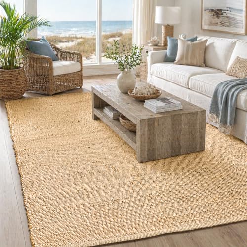 Natural Jute Cotton Hand Woven Area Rug - 5' x 7' Rectangular - Boho Farmhouse Rustic Floor Covering