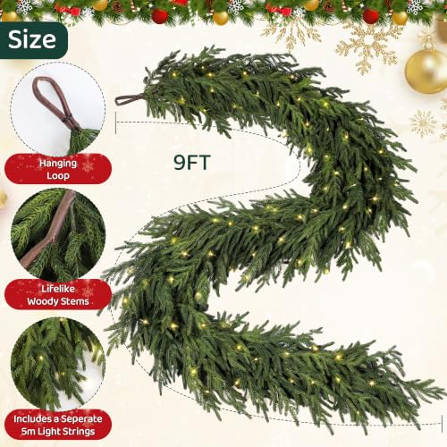 9FT Norfolk Pine Garland with Separate Lights,Lush Christmas Mantle