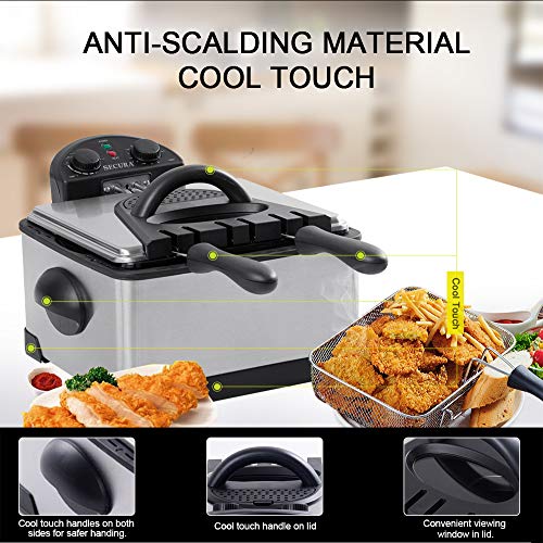 4.4 Quart Stainless Steel Deep Fryer with 3 Baskets, Timer, Odor Filter - Silver
