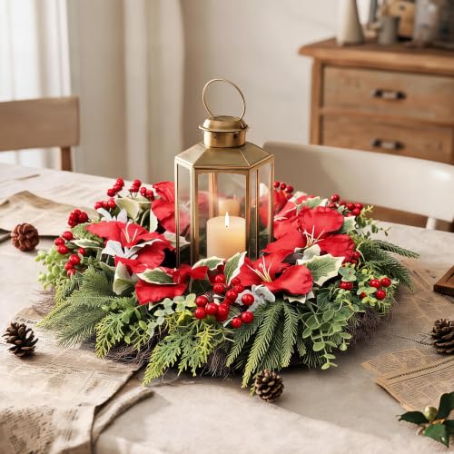 Outdoor Christmas Amaryllis Wreath with Gold Bell - 24 Inch Front Door Decor
