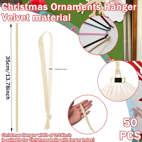 FOTN Beige Velvet Christmas Ornament Hooks - 50 Pack Hanging Ribbons & Hangers for Tree Decorations