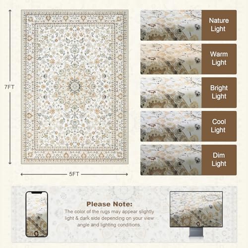 5x7 Area Rugs Living Room: Washable Vintage Rug for Bedroom Beige