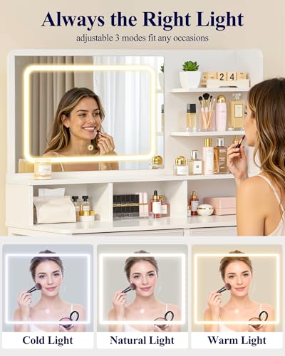 Small Vanity Desk with Mirror and Lights - 31.5 x 15.8 x 51.2 Inches, 2 Fabric Drawers