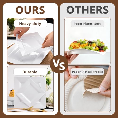 White Square Disposable Plastic Plates 100 Pack for Party - Pryntono