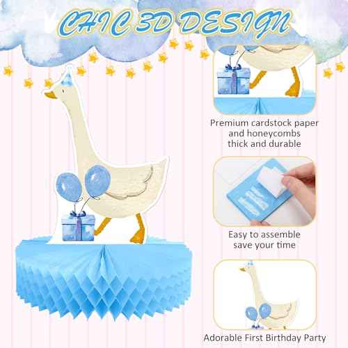 Lincia 12 Pcs Silly Goose Birthday Party Decorations Birthday Honeycomb Centerpieces Silly Goose Cake Balloon Topper for Bow Duck Party Supplies(Blue)