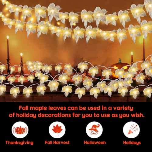 Fall Leaf Garland with Lights Decoration - 2 Pack Thanksgiving Gray Fall String Light Battery Operated Total 20 Ft 40 LED Lamp Bead 40 Dried Leaf Suitable Indoor Outdoor Home Harvest Festival Wreath