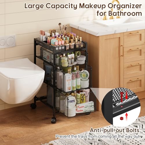 JKsmart Black 4-Tier Rolling Makeup Cart with 3 Drawers & Dividers