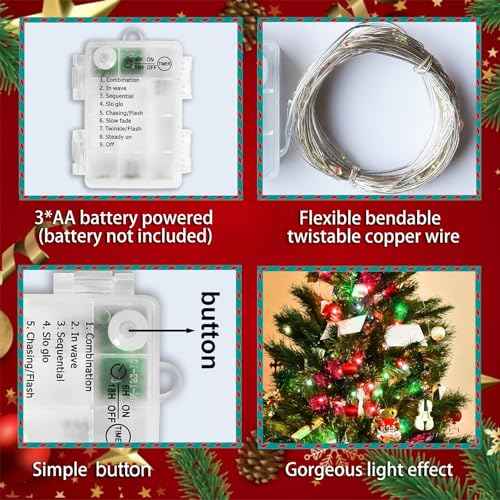Yayfazy Battery Operated Christmas Lights - Indoor Red & Green Mini Fairy Lights, Timer, 2PACK Total 200LED, 65.6Ft Copper Wire, Battery Powered Decoration for Bedroom, Parties, Centerpiece