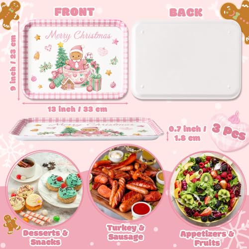 Christmas Serving Trays 3Pcs Pink Merry Christmas Reusable Melamine Platters - Holiday Party Decor
