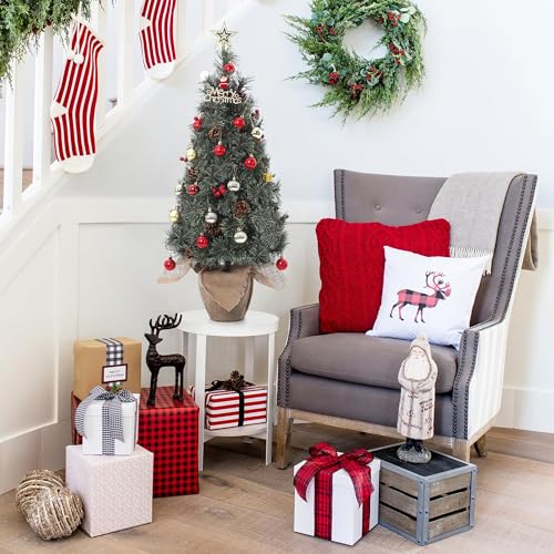 GarveeHome 3ft Green Pre-Lit Christmas Tree with Snow-Tipped Branches & Berries - Compact Holiday Decor