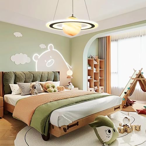 Orange Kid's Planet Glass Pendant Light - Creative Dimmable LED Chandelier for Children's Room