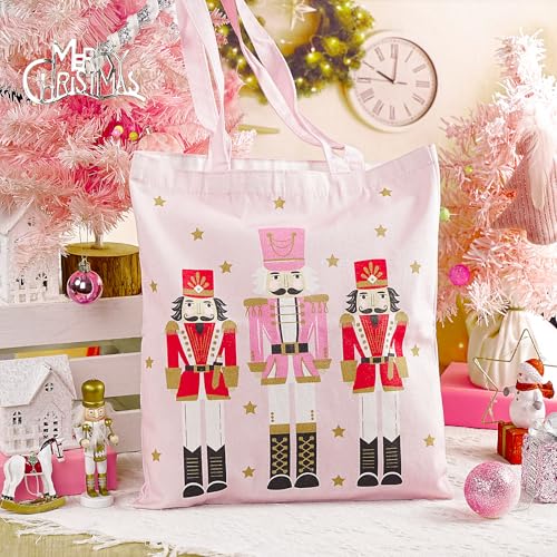 Loveinside Pink Nutcracker Christmas Canvas Tote Bag Reusable Holiday Shopping Bag