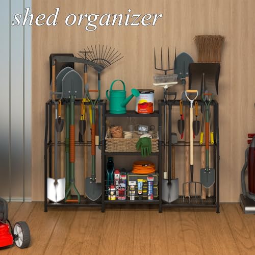 XXL Garden Tool Organizer Rack - Heavy Duty 3-Tier Yard Storage Tower with Hooks
