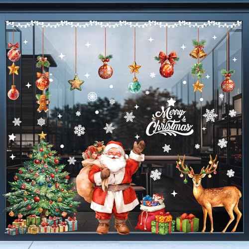 174PCS Christmas Window Clings Decorations Cute Large Christmas Tree Stickers Santa Claus Xmas Fall Window Snowflake Decal for Holiday Party Office (6 Sheets