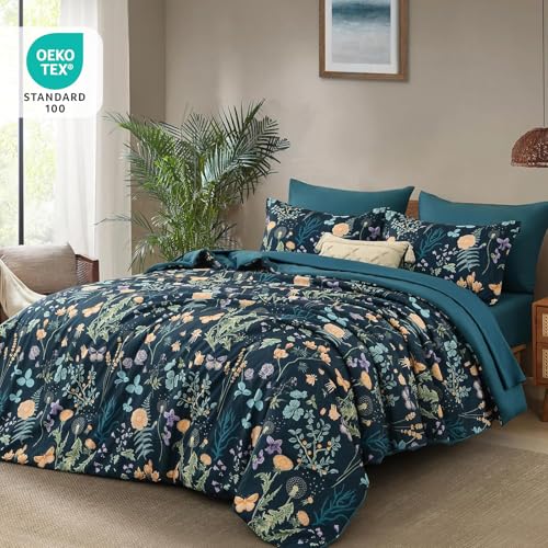 Queen Size Peacock Blue Floral Comforter Set - 7 Pieces Bedding with Reversible Design