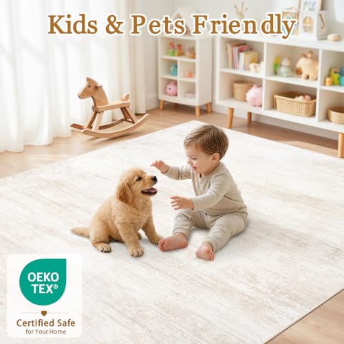 Tosuoka 6x9 Beige Abstract Washable Area Rug for Living Room - Non-Slip, Soft, Stain-Resistant