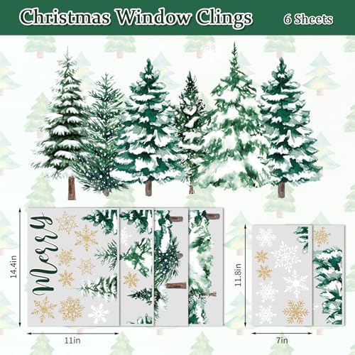 Whaline 6 Sheets Merry Christmas Window Clings Large Xmas Tree Gold Snowflake Snowy Forest Reusable Anti-Collision Windows Decals for Winter Holiday Home Glass Mirror Decor