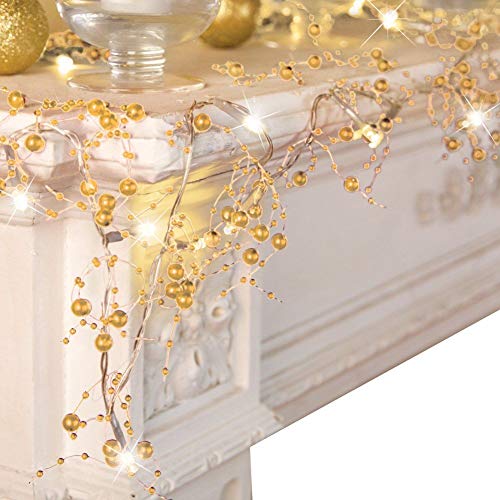 Very100 Gold 8.3FT Christmas Garland with Lights, Beaded Holiday Decor for Fireplace & Mantel