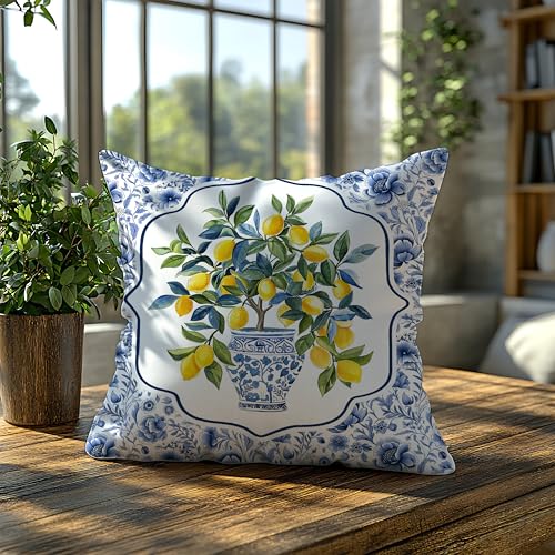 BUJSP Chinoiserie Lemon Double-Sided 18x18 Floral Pillow Cover - Seasonal Blue/White